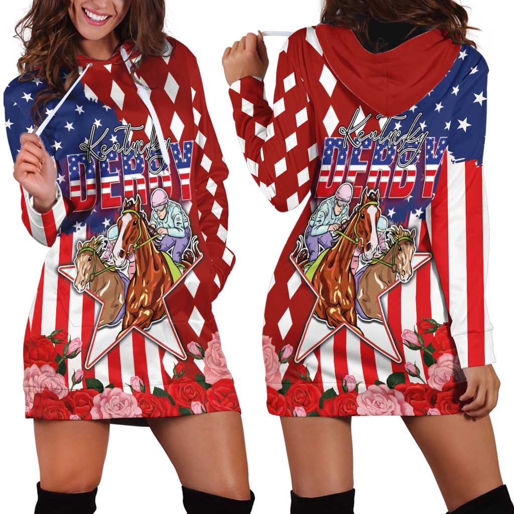Kentucky Horses Racing Hoodie Dress US Flag Grunge and Diamond Pattern Red Color