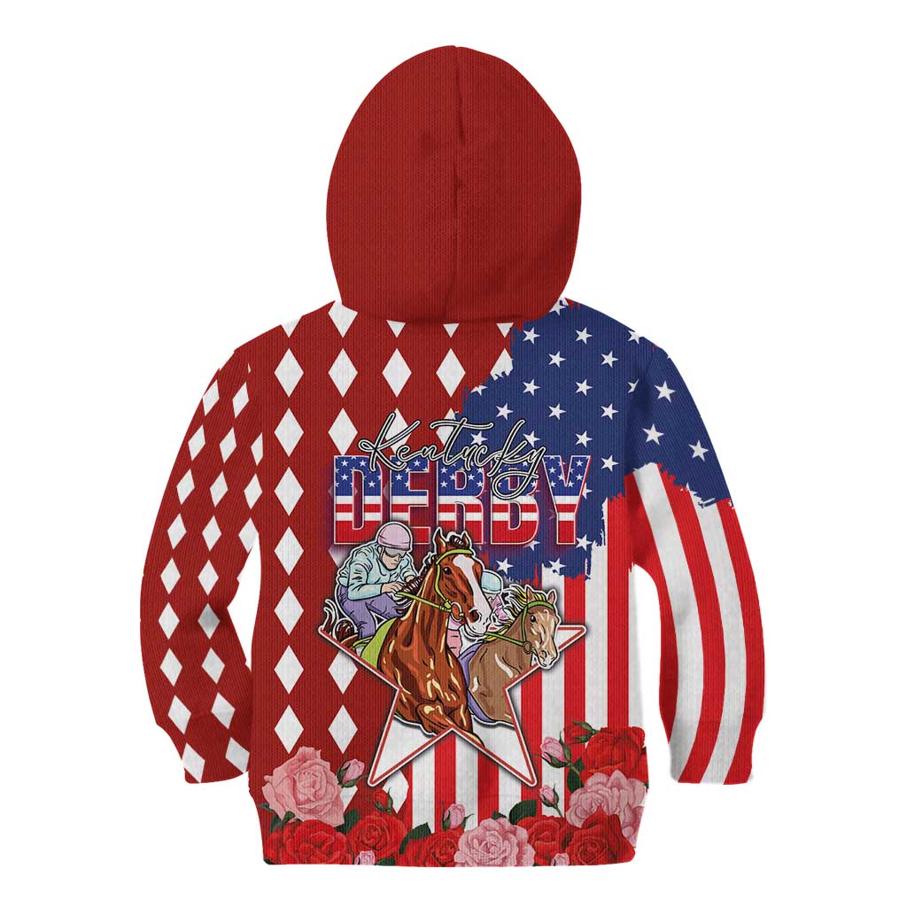 Kentucky Horses Racing Kid Hoodie US Flag Grunge and Diamond Pattern Red Color