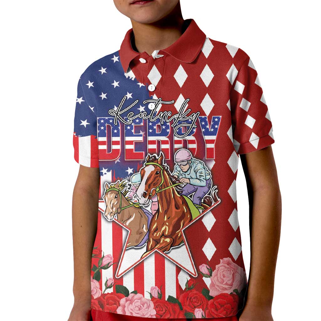 Kentucky Horses Racing Kid Polo Shirt US Flag Grunge and Diamond Pattern Red Color