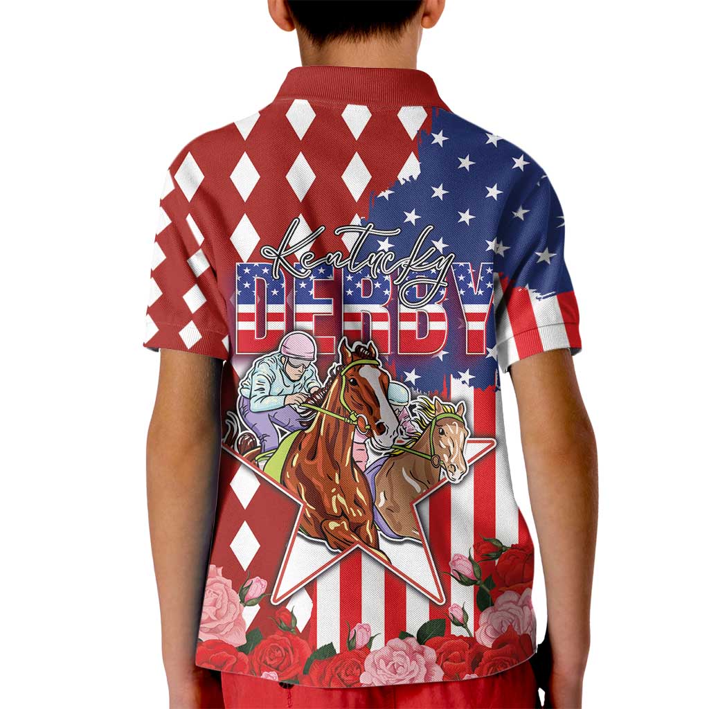 Kentucky Horses Racing Kid Polo Shirt US Flag Grunge and Diamond Pattern Red Color