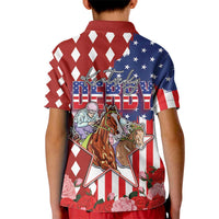 Kentucky Horses Racing Kid Polo Shirt US Flag Grunge and Diamond Pattern Red Color
