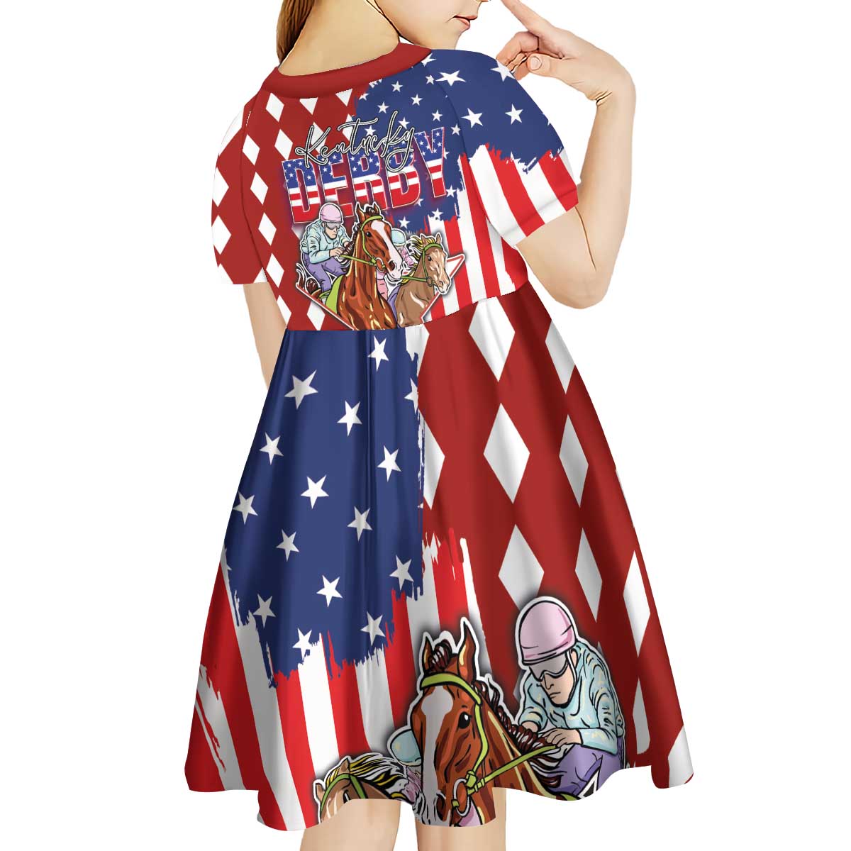 Kentucky Horses Racing Kid Short Sleeve Dress US Flag Grunge and Diamond Pattern Red Color