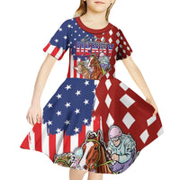 Kentucky Horses Racing Kid Short Sleeve Dress US Flag Grunge and Diamond Pattern Red Color