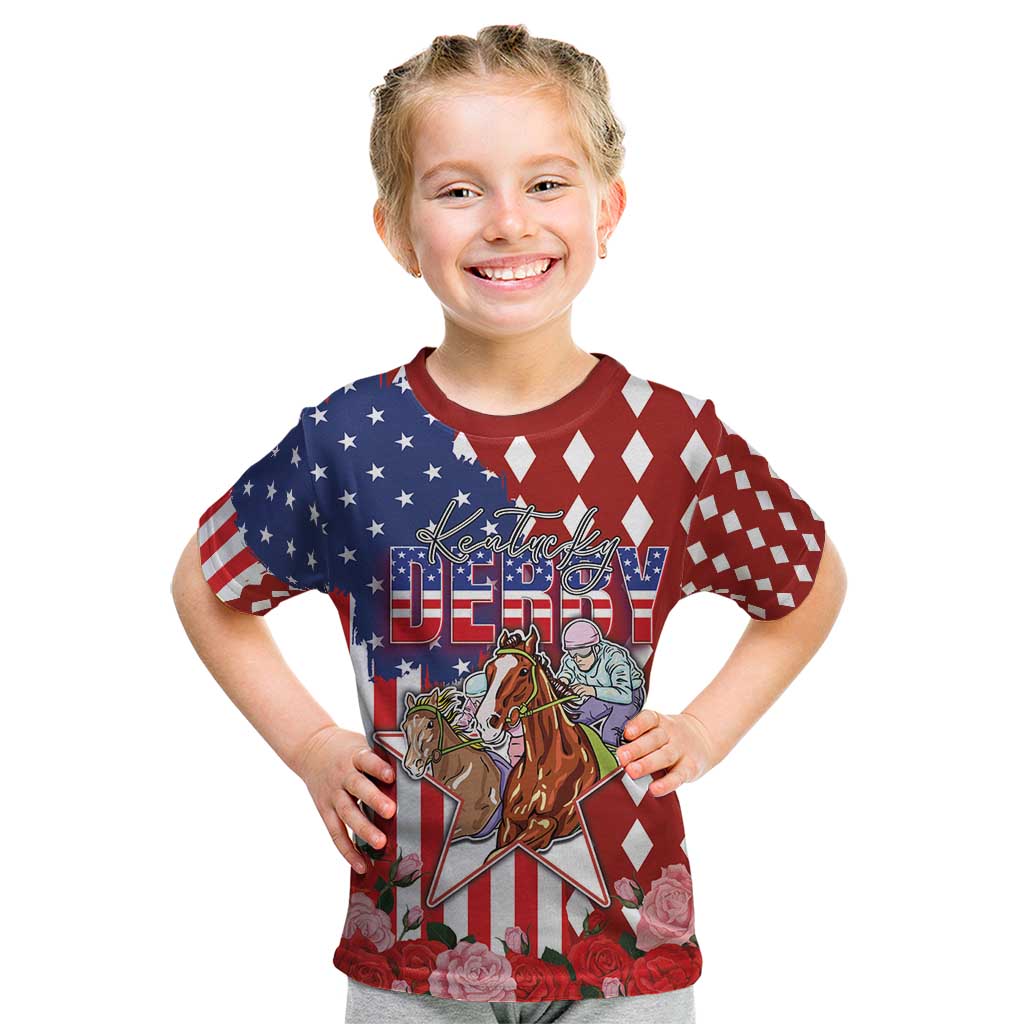 Kentucky Horses Racing Kid T Shirt US Flag Grunge and Diamond Pattern Red Color