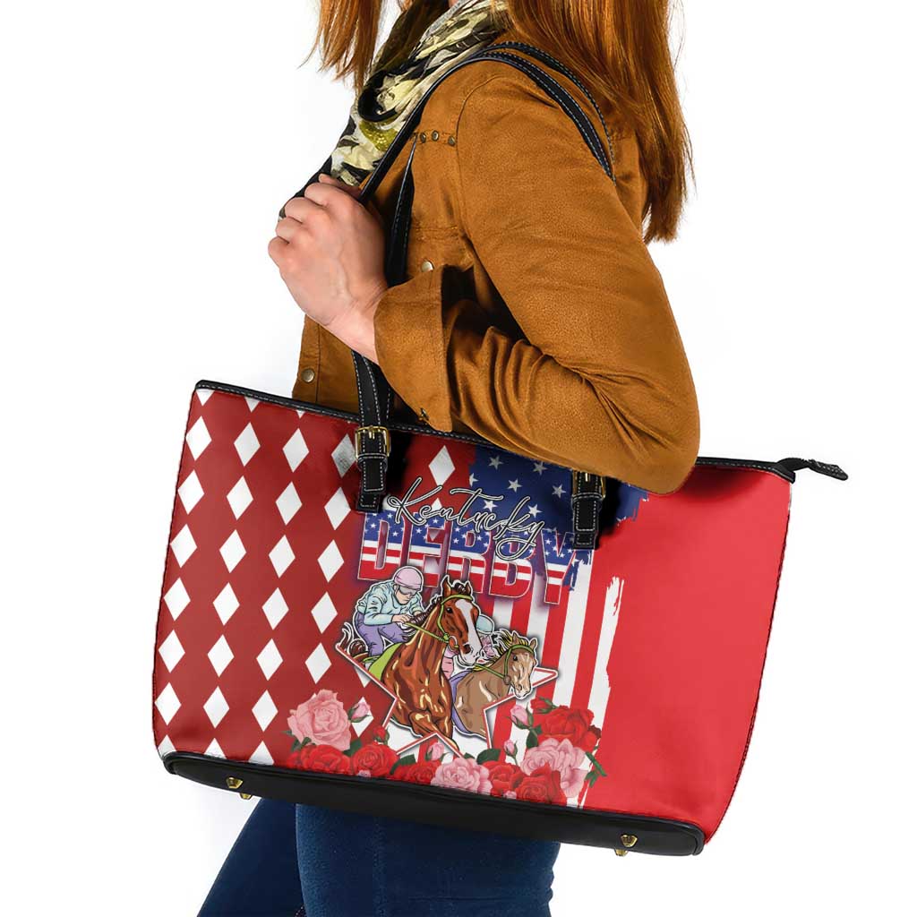 Kentucky Horses Racing Leather Tote Bag US Flag Grunge and Diamond Pattern Red Color