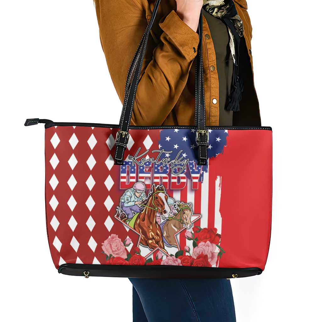 Kentucky Horses Racing Leather Tote Bag US Flag Grunge and Diamond Pattern Red Color