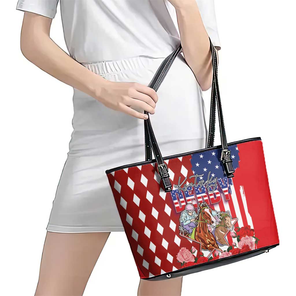 Kentucky Horses Racing Leather Tote Bag US Flag Grunge and Diamond Pattern Red Color