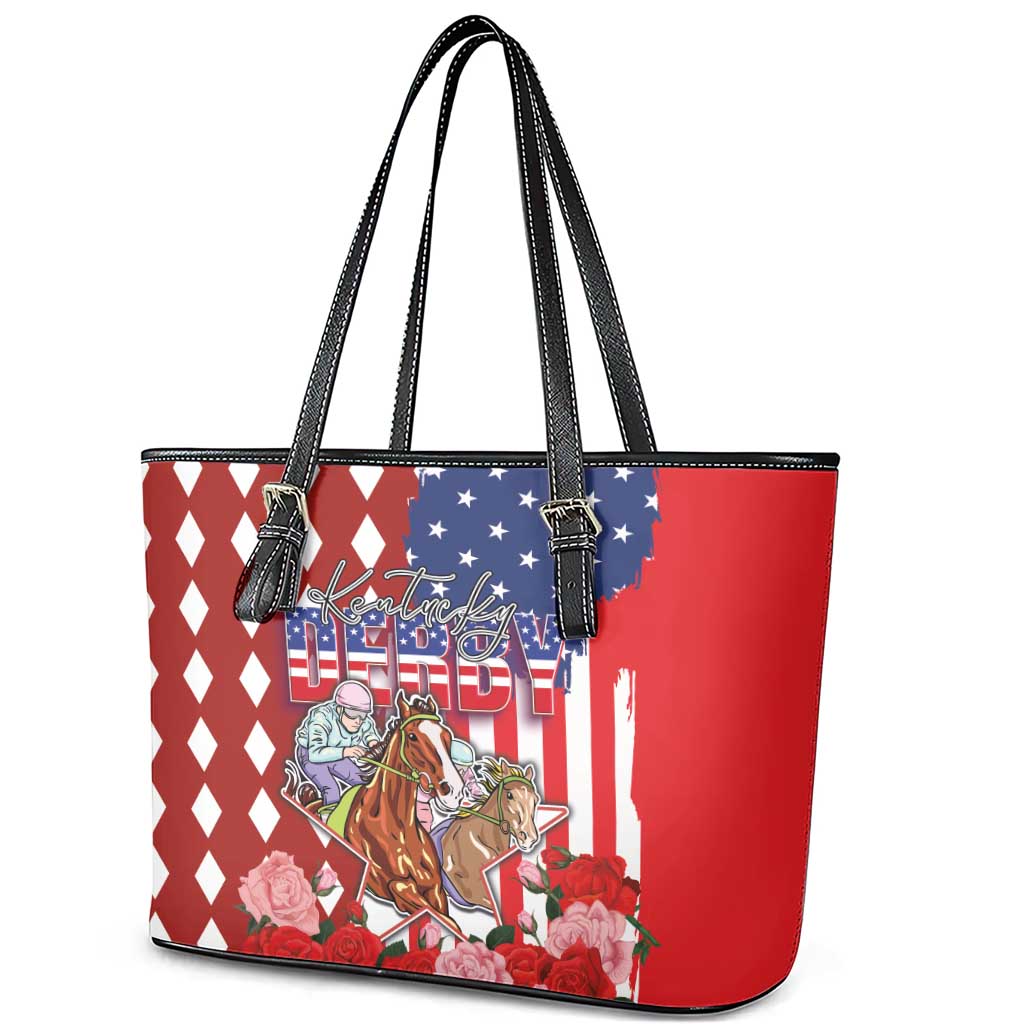 Kentucky Horses Racing Leather Tote Bag US Flag Grunge and Diamond Pattern Red Color