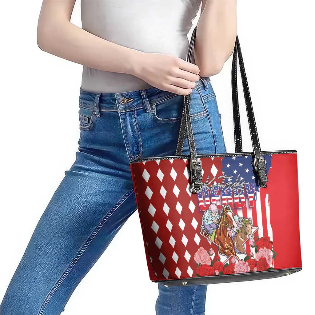 Kentucky Horses Racing Leather Tote Bag US Flag Grunge and Diamond Pattern Red Color