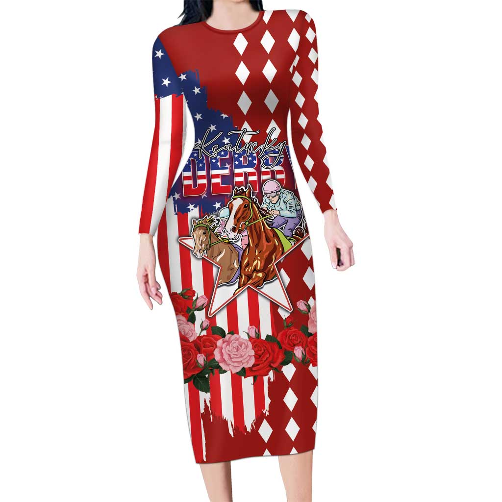 Kentucky Horses Racing Long Sleeve Bodycon Dress US Flag Grunge and Diamond Pattern Red Color