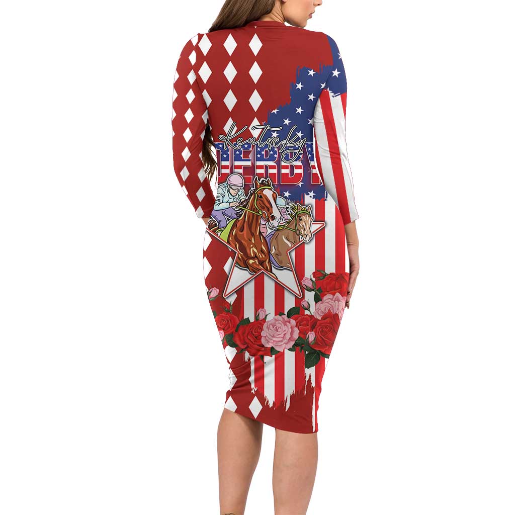 Kentucky Horses Racing Long Sleeve Bodycon Dress US Flag Grunge and Diamond Pattern Red Color