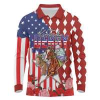 Kentucky Horses Racing Long Sleeve Polo Shirt US Flag Grunge and Diamond Pattern Red Color