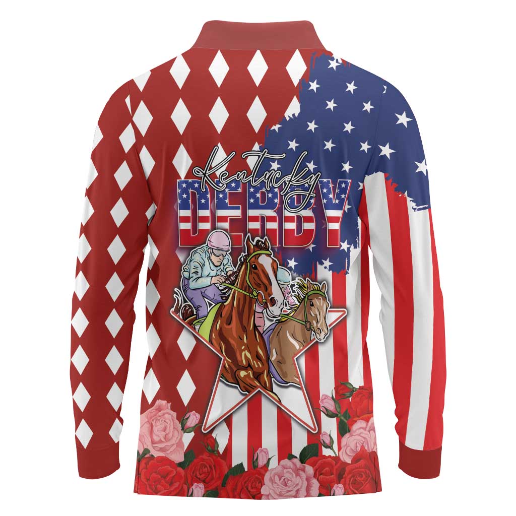 Kentucky Horses Racing Long Sleeve Polo Shirt US Flag Grunge and Diamond Pattern Red Color