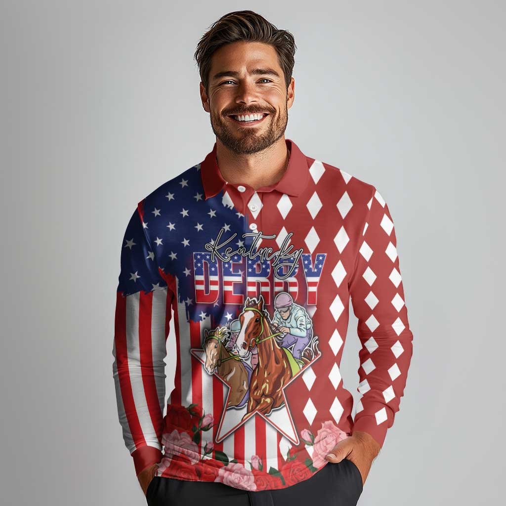 Kentucky Horses Racing Long Sleeve Polo Shirt US Flag Grunge and Diamond Pattern Red Color