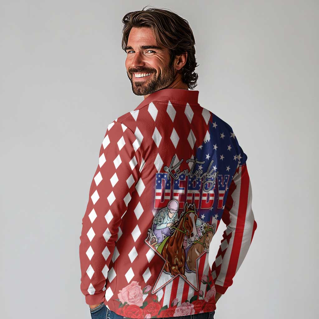 Kentucky Horses Racing Long Sleeve Polo Shirt US Flag Grunge and Diamond Pattern Red Color