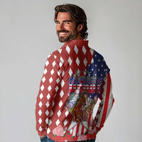 Kentucky Horses Racing Long Sleeve Polo Shirt US Flag Grunge and Diamond Pattern Red Color