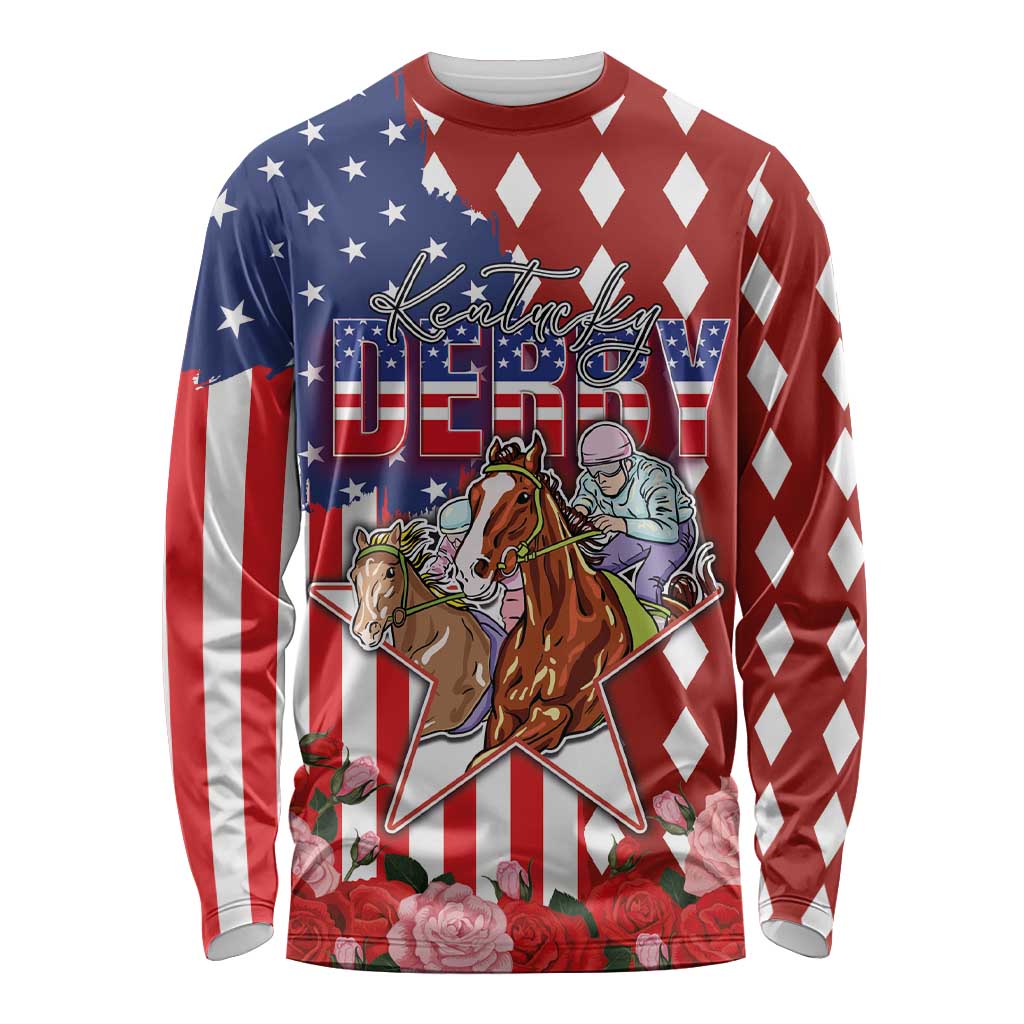 Kentucky Horses Racing Long Sleeve Shirt US Flag Grunge and Diamond Pattern Red Color