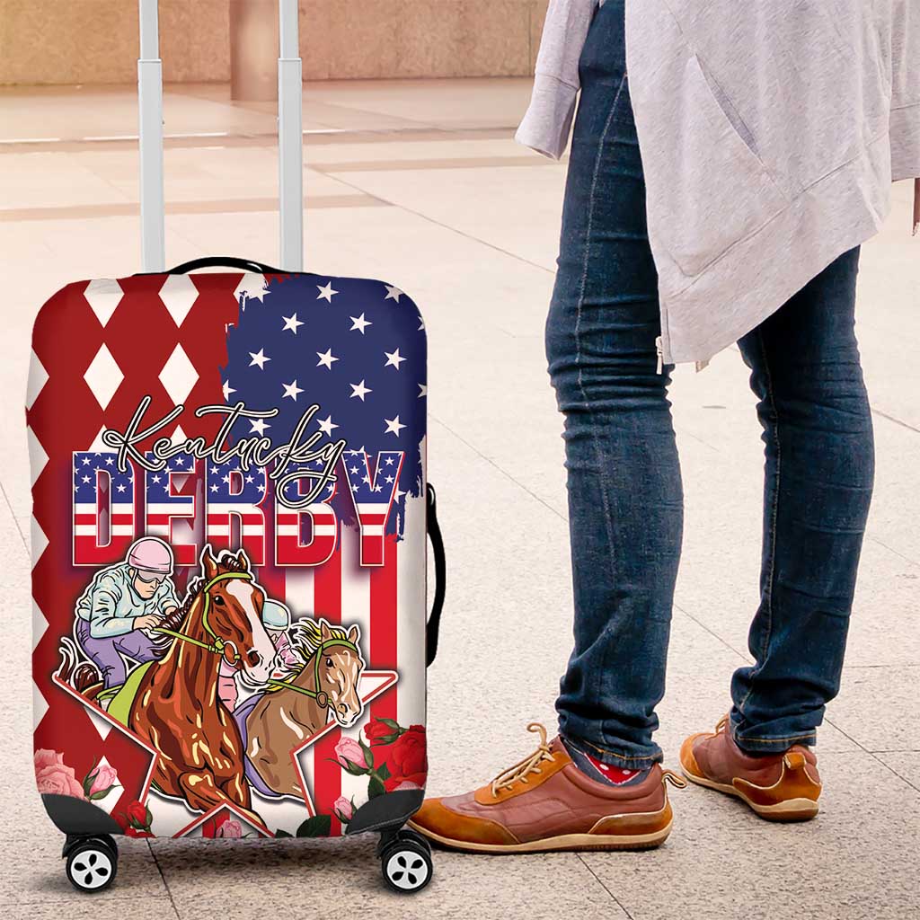 Kentucky Horses Racing Luggage Cover US Flag Grunge and Diamond Pattern Red Color