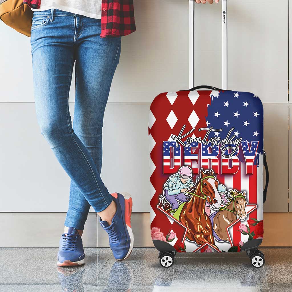 Kentucky Horses Racing Luggage Cover US Flag Grunge and Diamond Pattern Red Color