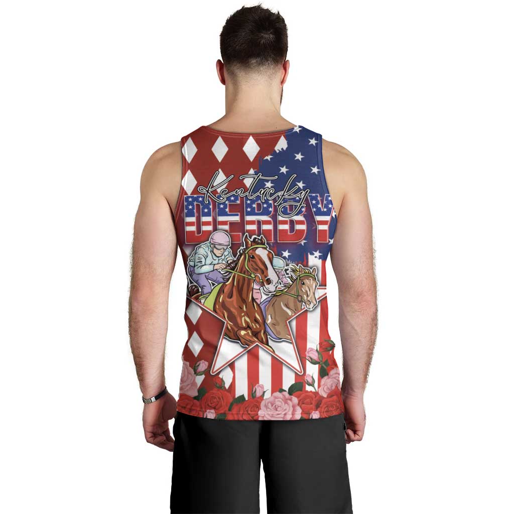 Kentucky Horses Racing Men Tank Top US Flag Grunge and Diamond Pattern Red Color