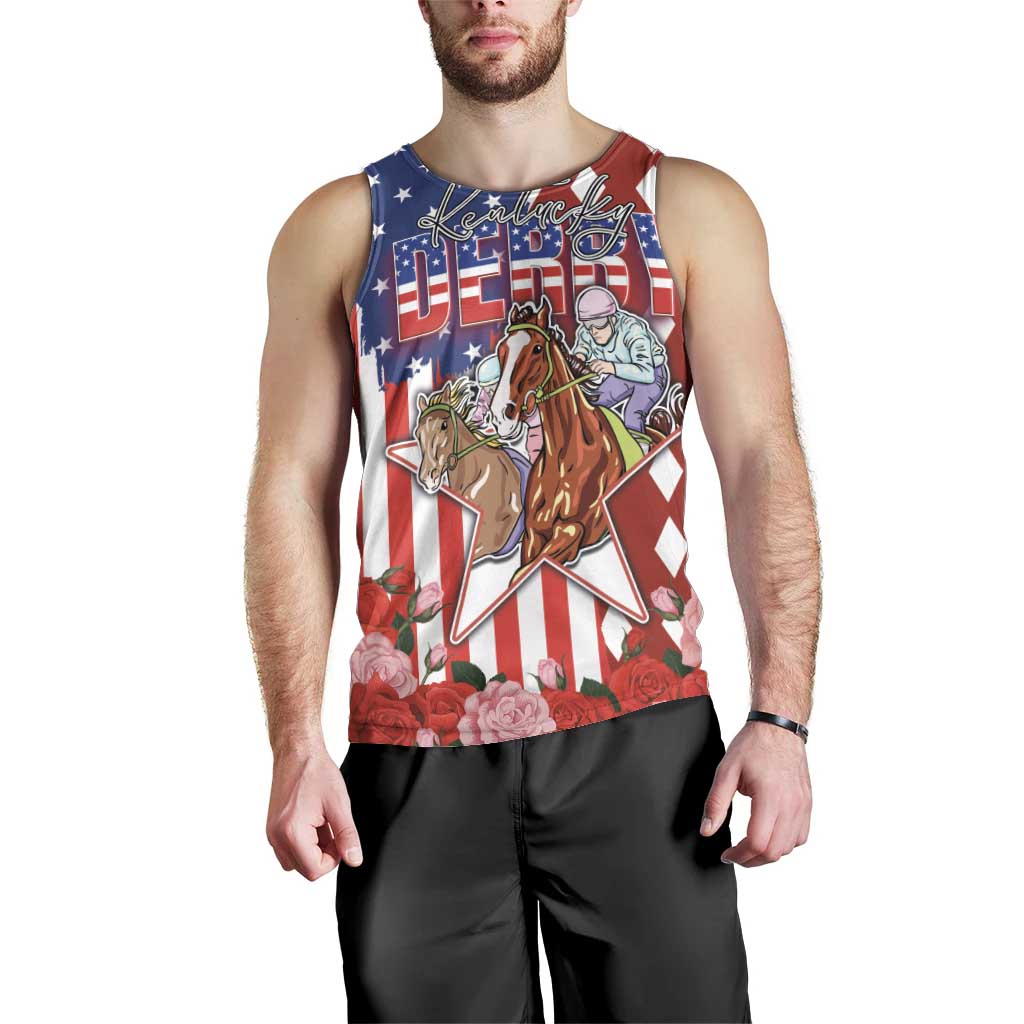 Kentucky Horses Racing Men Tank Top US Flag Grunge and Diamond Pattern Red Color