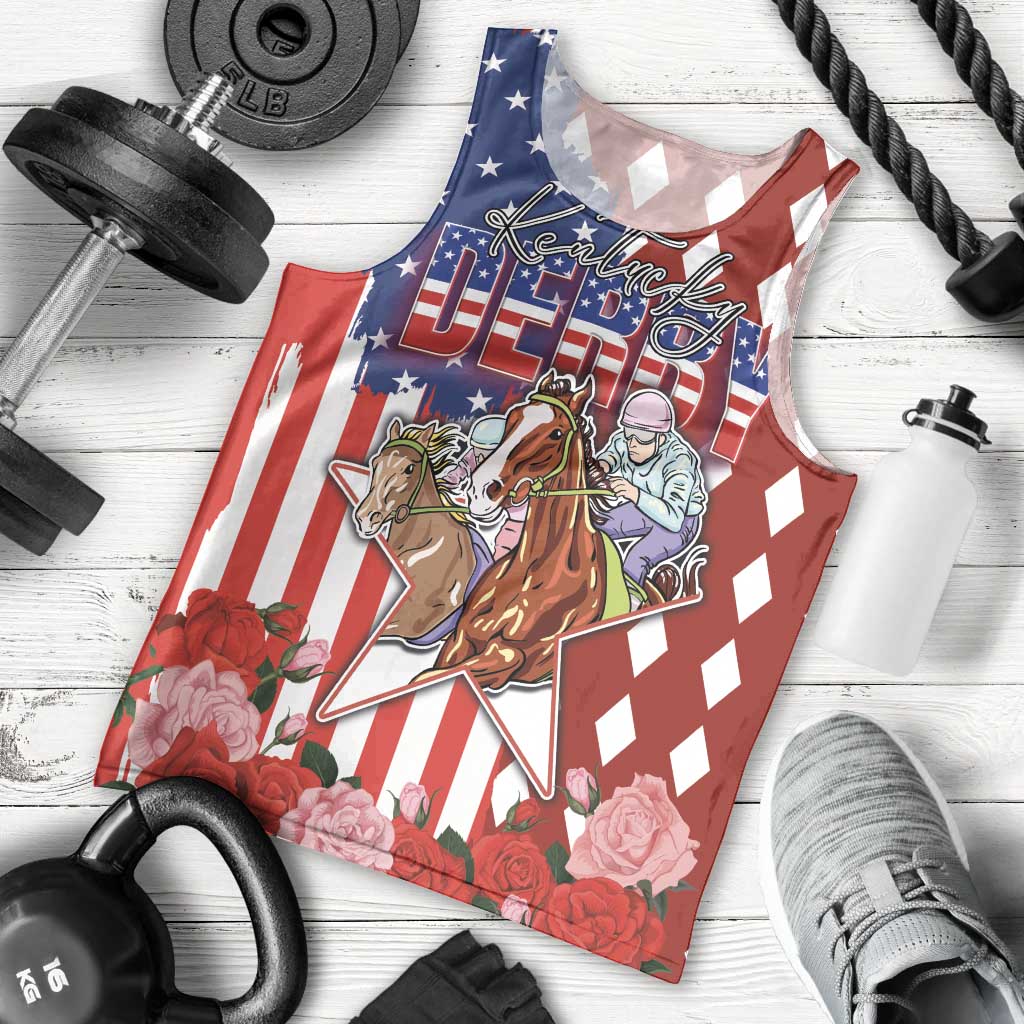 Kentucky Horses Racing Men Tank Top US Flag Grunge and Diamond Pattern Red Color