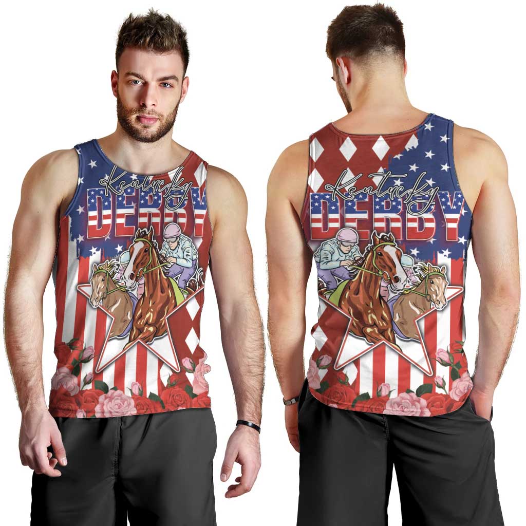 Kentucky Horses Racing Men Tank Top US Flag Grunge and Diamond Pattern Red Color