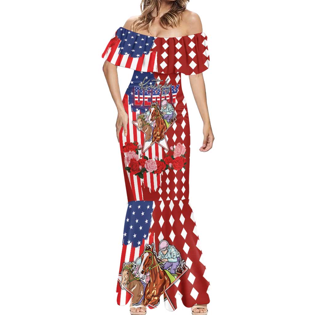 Kentucky Horses Racing Mermaid Dress US Flag Grunge and Diamond Pattern Red Color