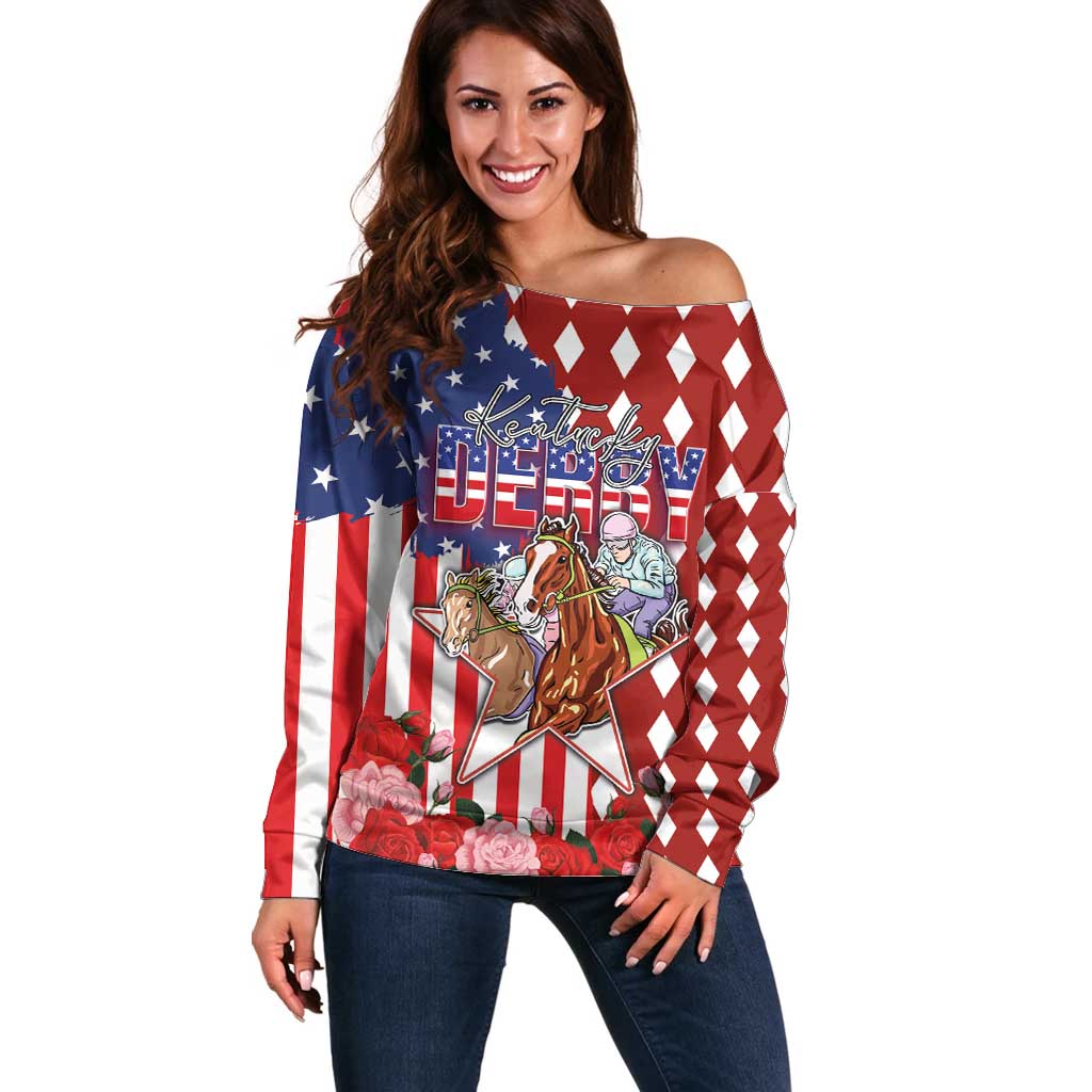 Kentucky Horses Racing Off Shoulder Sweater US Flag Grunge and Diamond Pattern Red Color