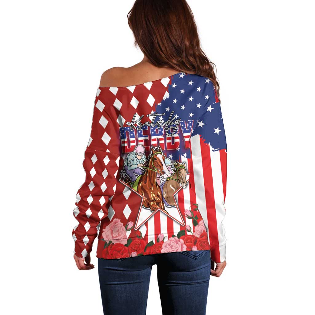 Kentucky Horses Racing Off Shoulder Sweater US Flag Grunge and Diamond Pattern Red Color