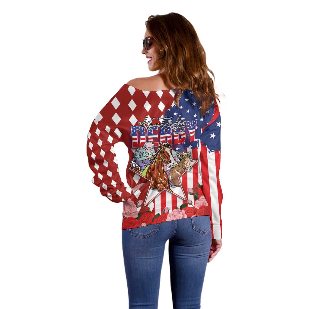 Kentucky Horses Racing Off Shoulder Sweater US Flag Grunge and Diamond Pattern Red Color