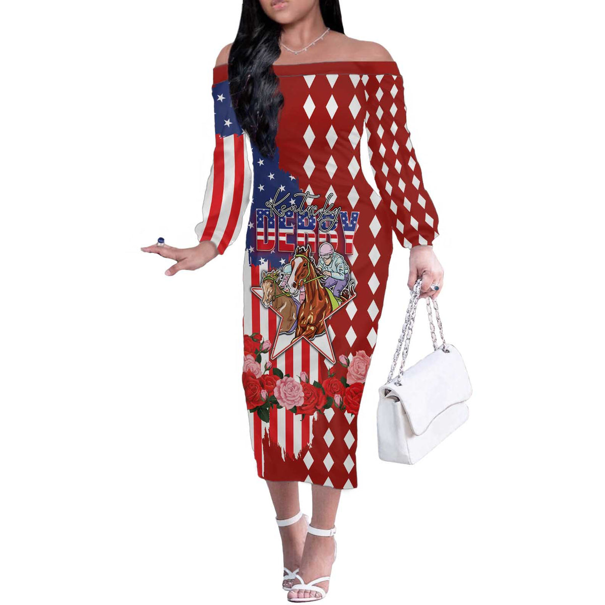 Kentucky Horses Racing Off The Shoulder Long Sleeve Dress US Flag Grunge and Diamond Pattern Red Color