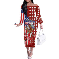 Kentucky Horses Racing Off The Shoulder Long Sleeve Dress US Flag Grunge and Diamond Pattern Red Color