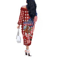 Kentucky Horses Racing Off The Shoulder Long Sleeve Dress US Flag Grunge and Diamond Pattern Red Color