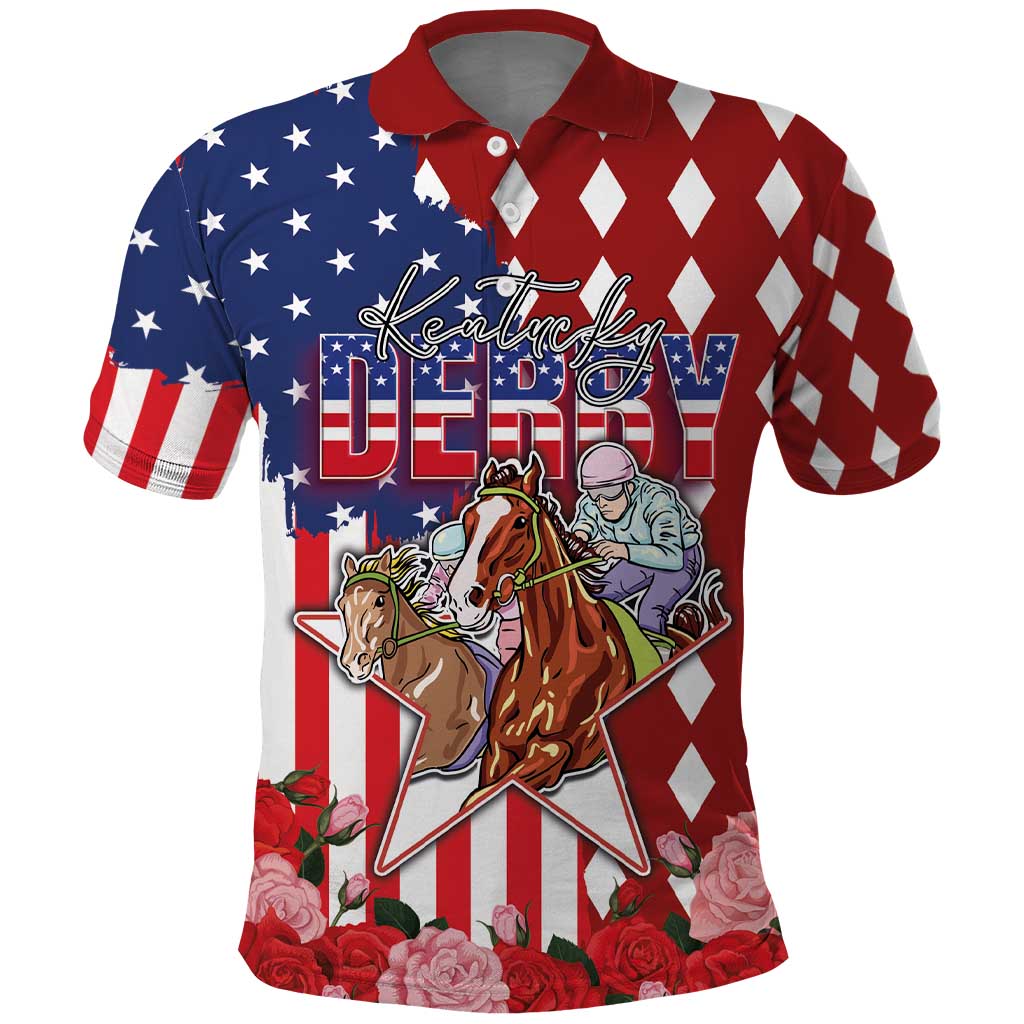 Kentucky Horses Racing Polo Shirt US Flag Grunge and Diamond Pattern Red Color