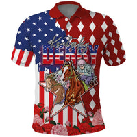 Kentucky Horses Racing Polo Shirt US Flag Grunge and Diamond Pattern Red Color