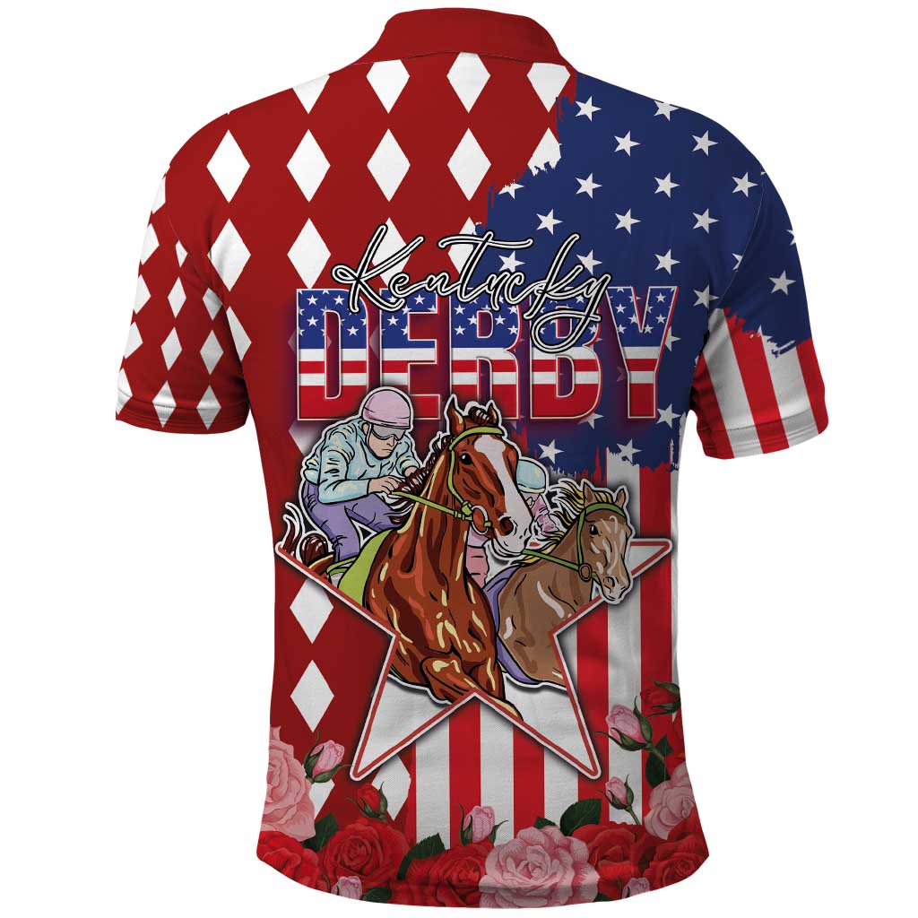 Kentucky Horses Racing Polo Shirt US Flag Grunge and Diamond Pattern Red Color