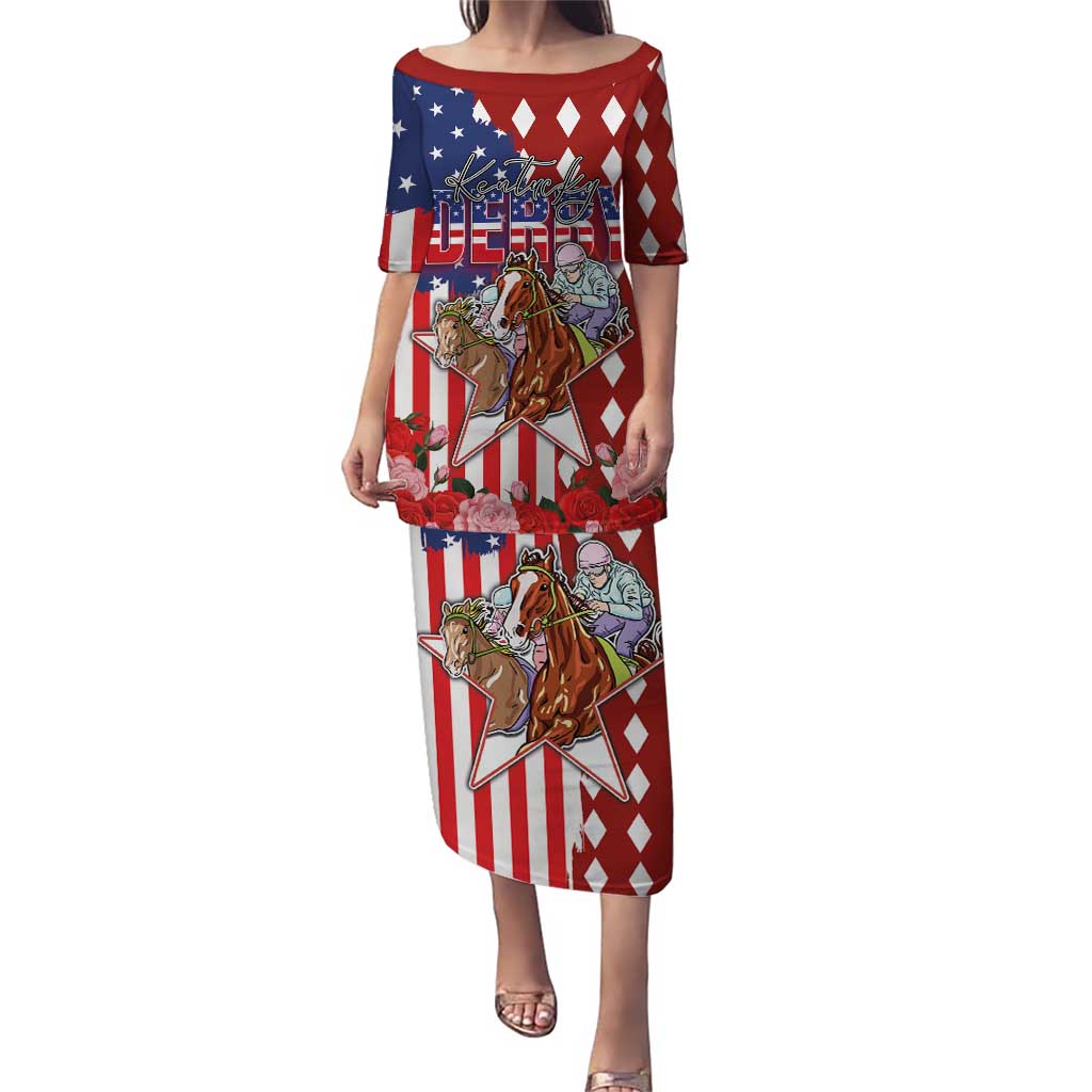 Kentucky Horses Racing Puletasi US Flag Grunge and Diamond Pattern Red Color