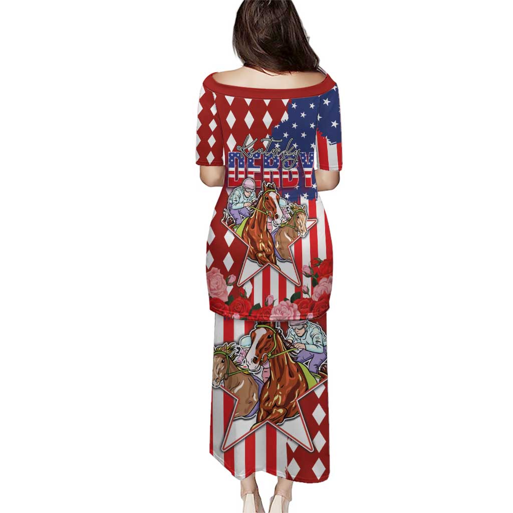 Kentucky Horses Racing Puletasi US Flag Grunge and Diamond Pattern Red Color