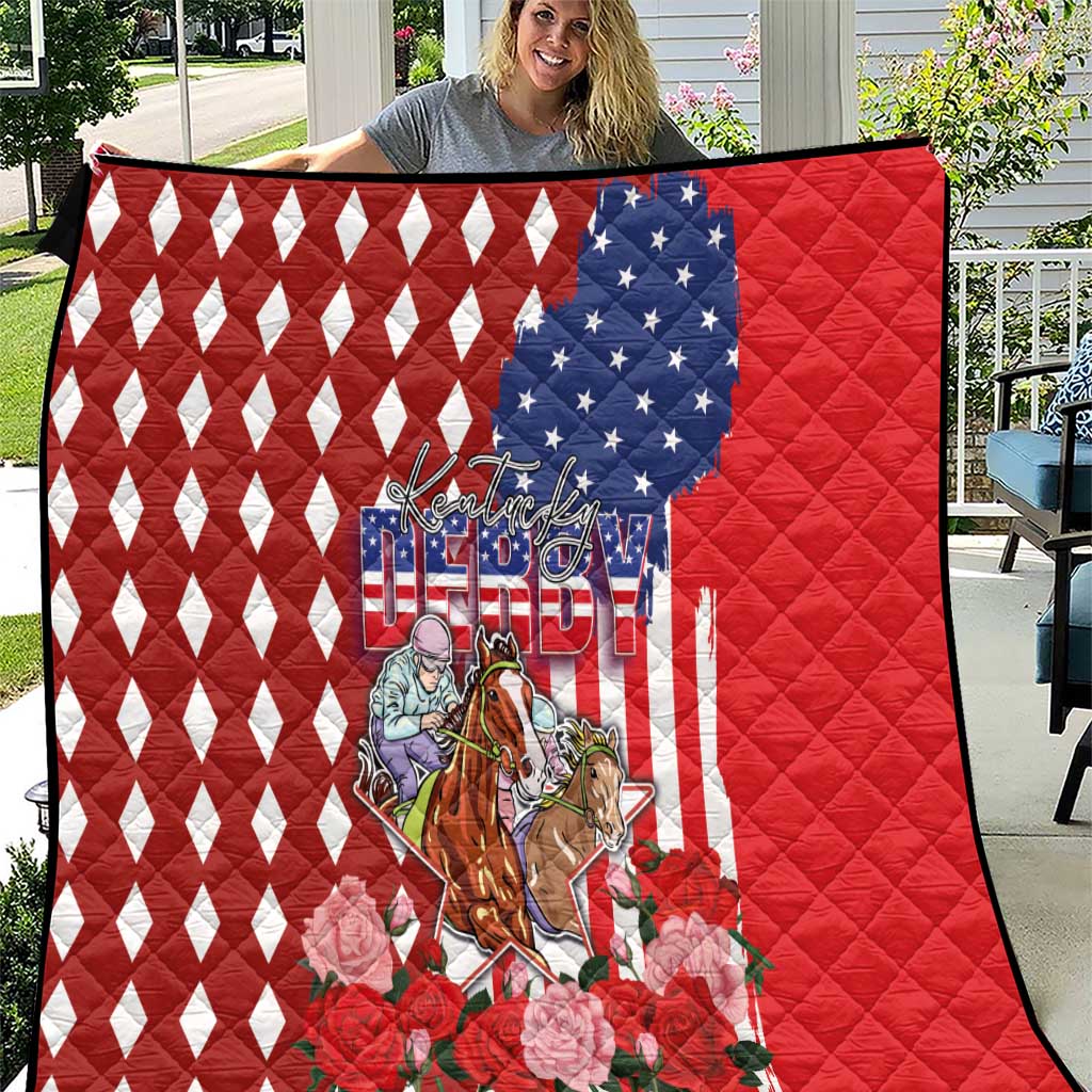 Kentucky Horses Racing Quilt US Flag Grunge and Diamond Pattern Red Color