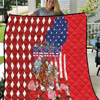 Kentucky Horses Racing Quilt US Flag Grunge and Diamond Pattern Red Color