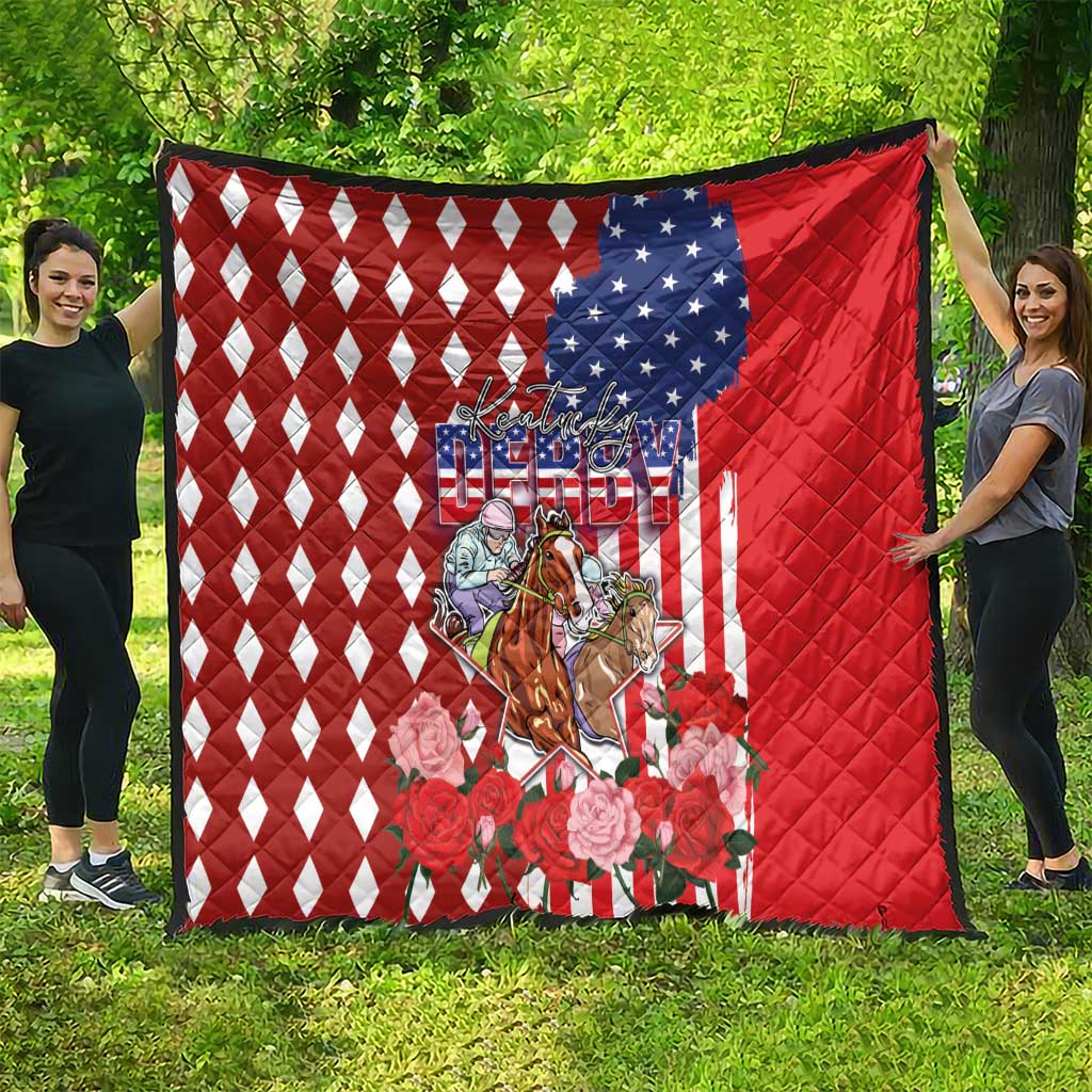 Kentucky Horses Racing Quilt US Flag Grunge and Diamond Pattern Red Color