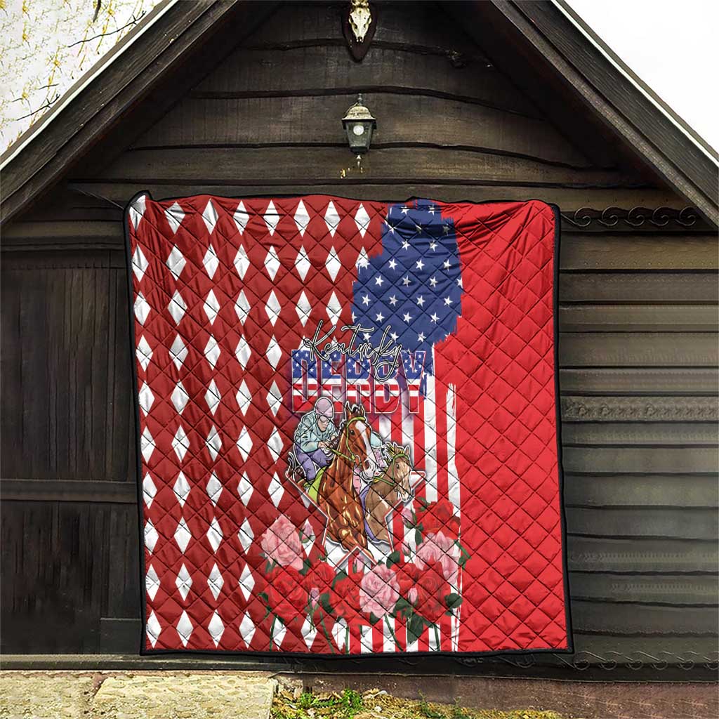 Kentucky Horses Racing Quilt US Flag Grunge and Diamond Pattern Red Color