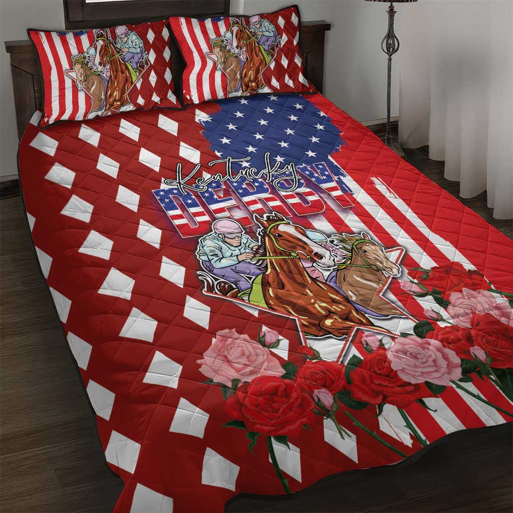 Kentucky Horses Racing Quilt Bed Set US Flag Grunge and Diamond Pattern Red Color
