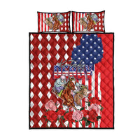 Kentucky Horses Racing Quilt Bed Set US Flag Grunge and Diamond Pattern Red Color
