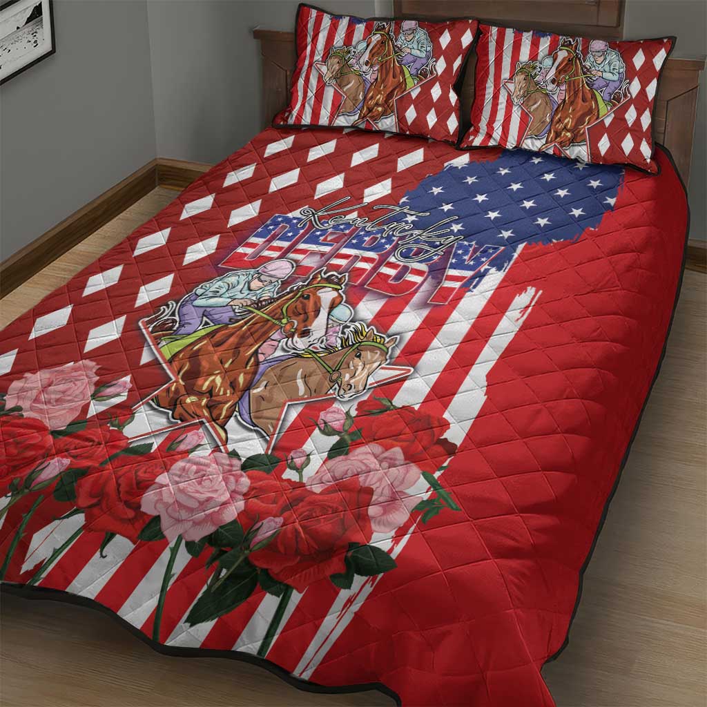 Kentucky Horses Racing Quilt Bed Set US Flag Grunge and Diamond Pattern Red Color