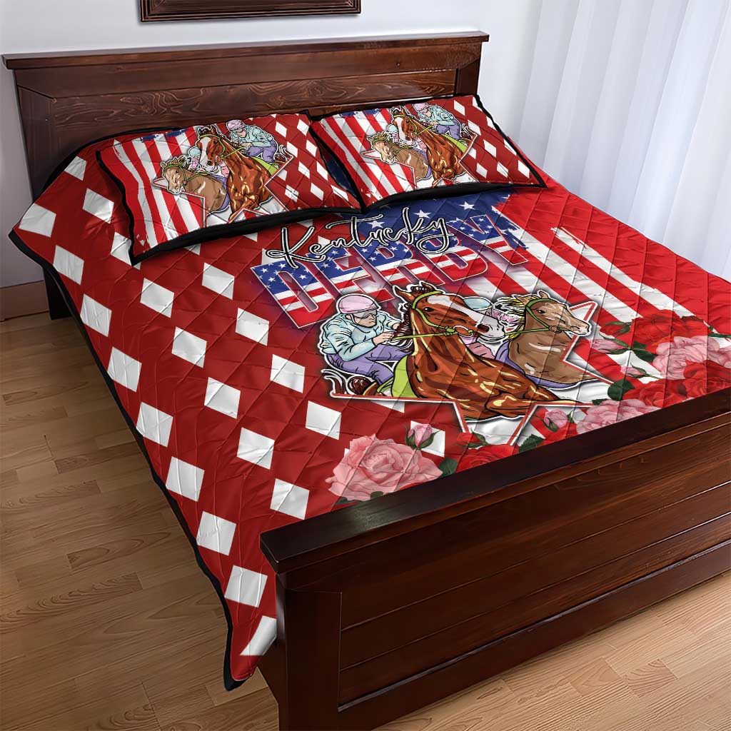 Kentucky Horses Racing Quilt Bed Set US Flag Grunge and Diamond Pattern Red Color