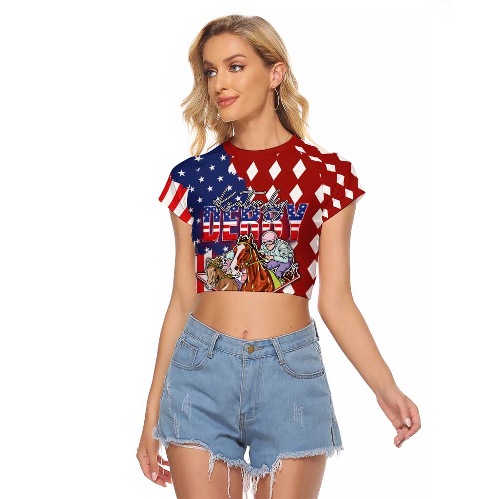 Kentucky Horses Racing Raglan Cropped T Shirt US Flag Grunge and Diamond Pattern Red Color