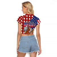 Kentucky Horses Racing Raglan Cropped T Shirt US Flag Grunge and Diamond Pattern Red Color