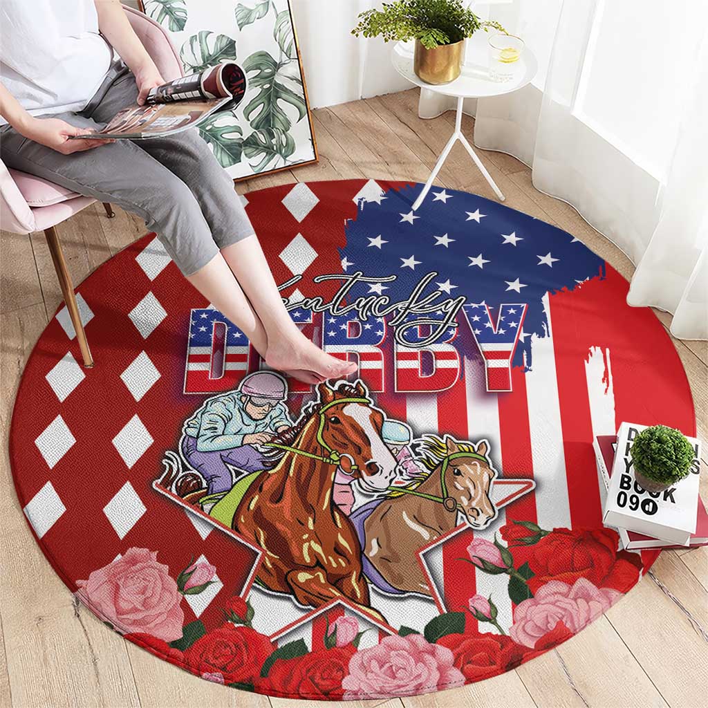 Kentucky Horses Racing Round Carpet US Flag Grunge and Diamond Pattern Red Color